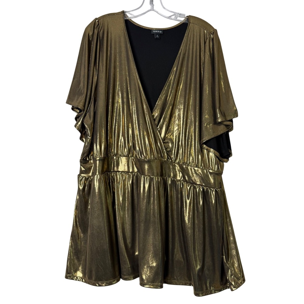 Torrid Top Womens 5X Gold Liquid Shine Surplice Peplum Knit Metallic Holiday